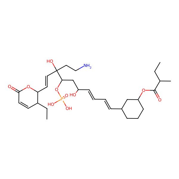 2D Structure of [3-[(1E,3E,9E)-8-(2-aminoethyl)-10-(3-ethyl-6-oxo-2,3-dihydropyran-2-yl)-5,8-dihydroxy-7-phosphonooxydeca-1,3,9-trienyl]cyclohexyl] 2-methylbutanoate