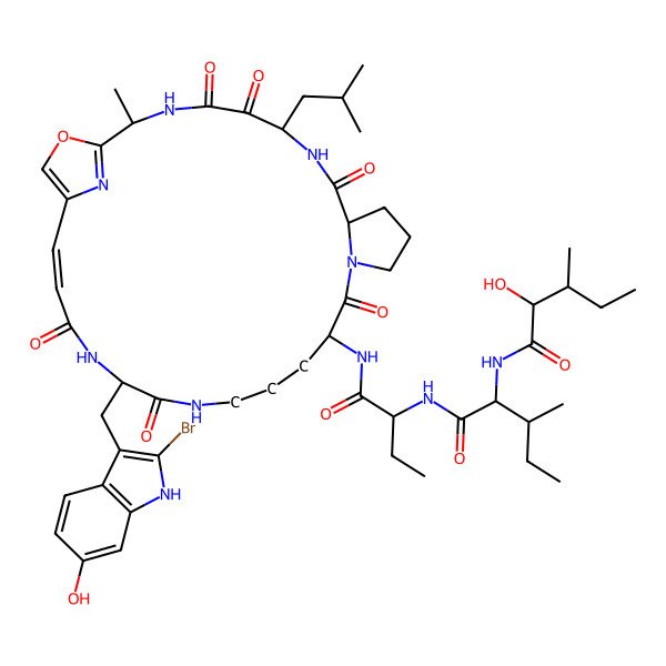 2D Structure of (2S,3S)-N-[(2S)-1-[[(2S,6S,9S,15S,21S,24Z)-21-[(2-bromo-6-hydroxy-1H-indol-3-yl)methyl]-2-methyl-6-(2-methylpropyl)-4,5,8,14,20,23-hexaoxo-28-oxa-3,7,13,19,22,29-hexazatricyclo[24.2.1.09,13]nonacosa-1(29),24,26-trien-15-yl]amino]-1-oxobutan-2-yl]-2-[(2-hydroxy-3-methylpentanoyl)amino]-3-methylpentanamide