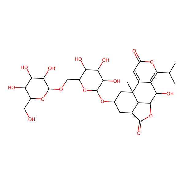 2D Structure of 8-Hydroxy-1,12-dimethyl-6-propan-2-yl-14-[3,4,5-trihydroxy-6-[[3,4,5-trihydroxy-6-(hydroxymethyl)oxan-2-yl]oxymethyl]oxan-2-yl]oxy-5,10-dioxatetracyclo[7.6.1.02,7.012,16]hexadeca-2,6-diene-4,11-dione