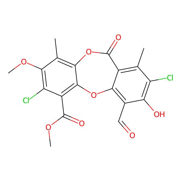 2D Structure of Methyl 2,8-dichloro-10-formyl-9-hydroxy-3-methoxy-4,7-dimethyl-6-oxobenzo[b][1,4]benzodioxepine-1-carboxylate