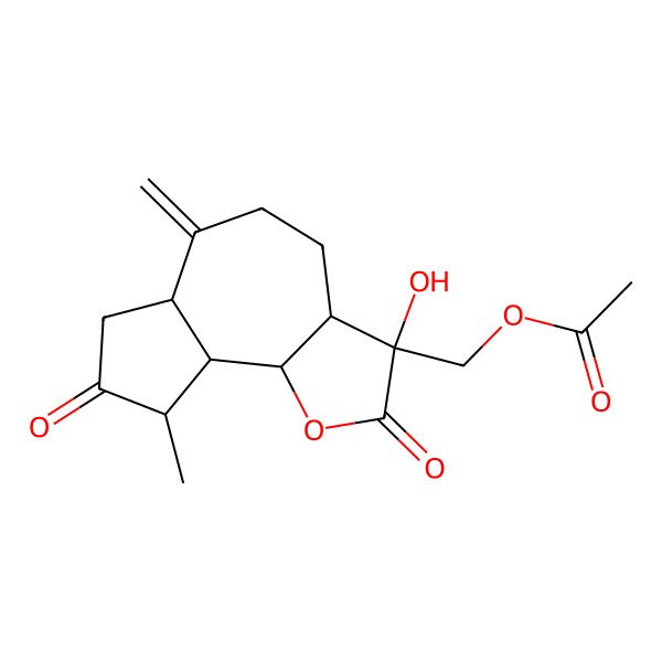 2D Structure of [(3R,3aR,6aR,9S,9aR,9bR)-3-hydroxy-9-methyl-6-methylidene-2,8-dioxo-3a,4,5,6a,7,9,9a,9b-octahydroazuleno[4,5-b]furan-3-yl]methyl acetate