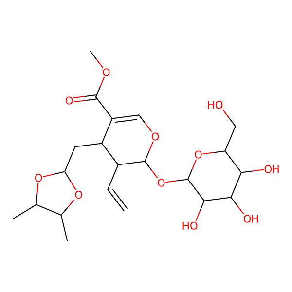 2D Structure of methyl 4-[(4,5-dimethyl-1,3-dioxolan-2-yl)methyl]-3-ethenyl-2-[3,4,5-trihydroxy-6-(hydroxymethyl)oxan-2-yl]oxy-3,4-dihydro-2H-pyran-5-carboxylate