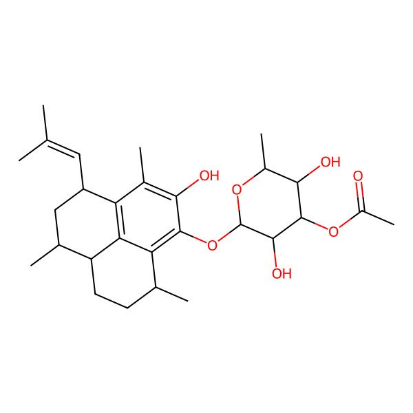 2D Structure of [(2S,3S,4R,5R,6S)-2-[[(4R,6S,6aR,9R)-2-hydroxy-3,6,9-trimethyl-4-(2-methylprop-1-enyl)-5,6,6a,7,8,9-hexahydro-4H-phenalen-1-yl]oxy]-3,5-dihydroxy-6-methyloxan-4-yl] acetate