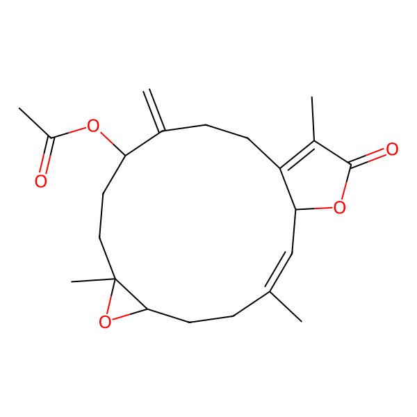 2D Structure of [(1S,2E,6R,8R,11R)-3,8,16-trimethyl-12-methylidene-17-oxo-7,18-dioxatricyclo[13.3.0.06,8]octadeca-2,15-dien-11-yl] acetate
