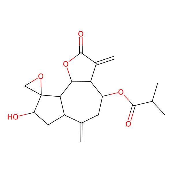 2D Structure of (8-Hydroxy-3,6-dimethylidene-2-oxospiro[3a,4,5,6a,7,8,9a,9b-octahydroazuleno[4,5-b]furan-9,2'-oxirane]-4-yl) 2-methylpropanoate