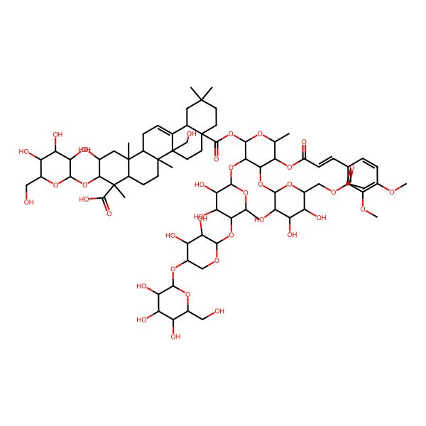 2D Structure of (2S,3R,4S,4aR,6aR,6bR,8aS,12aS,14aR,14bR)-8a-[(2S,3R,4S,5S,6R)-4-[(2S,3R,4S,5R,6R)-6-(acetyloxymethyl)-3,4,5-trihydroxyoxan-2-yl]oxy-3-[(2S,3R,4S,5R,6S)-5-[(2S,3R,4R,5R)-3,4-dihydroxy-5-[(2S,3R,4S,5S,6R)-3,4,5-trihydroxy-6-(hydroxymethyl)oxan-2-yl]oxyoxan-2-yl]oxy-3,4-dihydroxy-6-methyloxan-2-yl]oxy-5-[(E)-3-(3,4-dimethoxyphenyl)prop-2-enoyl]oxy-6-methyloxan-2-yl]oxycarbonyl-2-hydroxy-6b-(hydroxymethyl)-4,6a,11,11,14b-pentamethyl-3-[(2R,3R,4S,5R,6R)-3,4,5-trihydroxy-6-(hydroxymethyl)oxan-2-yl]oxy-1,2,3,4a,5,6,7,8,9,10,12,12a,14,14a-tetradecahydropicene-4-carboxylic acid