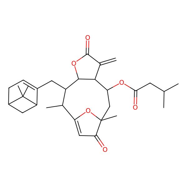 2D Structure of [3-[(6,6-Dimethyl-2-bicyclo[3.1.1]hept-2-enyl)methyl]-2,11-dimethyl-7-methylidene-6,12-dioxo-5,14-dioxatricyclo[9.2.1.04,8]tetradec-1(13)-en-9-yl] 3-methylbutanoate