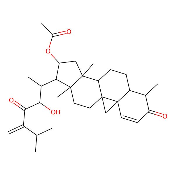 2D Structure of [(1S,3S,7S,8S,11S,12S,14S,15R,16R)-15-[(2S,3R)-3-hydroxy-6-methyl-5-methylidene-4-oxoheptan-2-yl]-7,12,16-trimethyl-6-oxo-14-pentacyclo[9.7.0.01,3.03,8.012,16]octadec-4-enyl] acetate