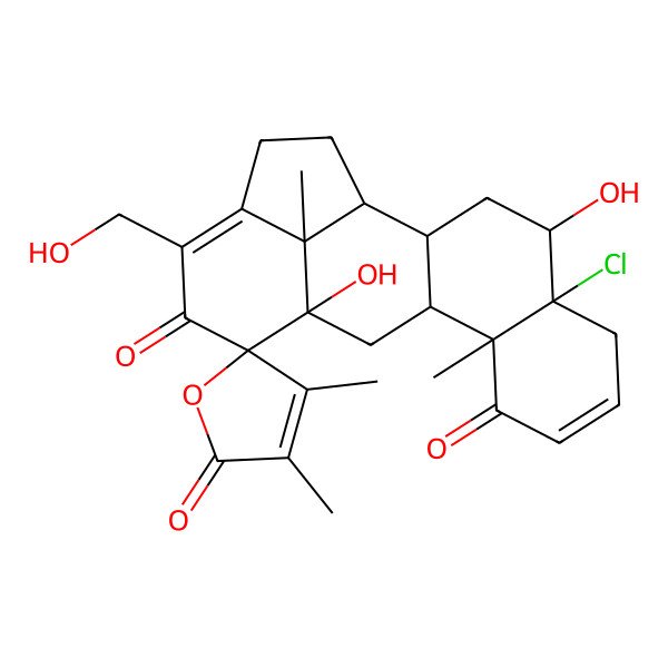 2D Structure of 10a-chloro-5a,11-dihydroxy-3-(hydroxymethyl)-3',4',6b,12c-tetramethylspiro[2,6,6a,10,11,12,12a,12b-octahydro-1H-benzo[j]aceanthrylene-5,5'-furan]-2',4,7-trione