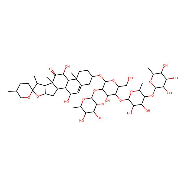 2D Structure of (1S,2S,4S,5'R,6R,7S,8R,9S,11S,12S,13R,16S,20S)-16-[(2R,3R,4S,5S,6R)-5-[(2S,3R,4S,5R,6S)-3,4-dihydroxy-6-methyl-5-[(2S,3R,4R,5R,6S)-3,4,5-trihydroxy-6-methyloxan-2-yl]oxyoxan-2-yl]oxy-4-hydroxy-6-(hydroxymethyl)-3-[(2S,3R,4R,5R,6S)-3,4,5-trihydroxy-6-methyloxan-2-yl]oxyoxan-2-yl]oxy-11,20-dihydroxy-5',7,9,13-tetramethylspiro[5-oxapentacyclo[10.8.0.02,9.04,8.013,18]icos-18-ene-6,2'-oxane]-10-one