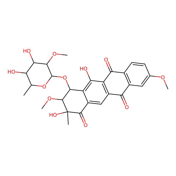 2D Structure of 4-(4,5-Dihydroxy-3-methoxy-6-methyloxan-2-yl)oxy-2,5-dihydroxy-3,9-dimethoxy-2-methyl-3,4-dihydrotetracene-1,6,11-trione