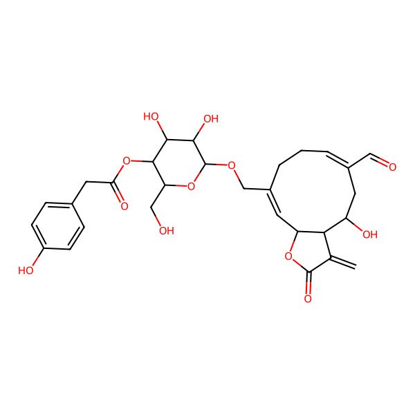 2D Structure of [6-[[(3aR,4S,6E,10Z,11aR)-6-formyl-4-hydroxy-3-methylidene-2-oxo-3a,4,5,8,9,11a-hexahydrocyclodeca[b]furan-10-yl]methoxy]-4,5-dihydroxy-2-(hydroxymethyl)oxan-3-yl] 2-(4-hydroxyphenyl)acetate
