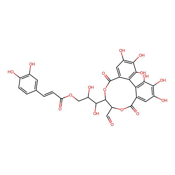 2D Structure of [(2R,3R)-3-[(10S,11R)-11-formyl-3,4,5,16,17,18-hexahydroxy-8,13-dioxo-9,12-dioxatricyclo[12.4.0.02,7]octadeca-1(18),2,4,6,14,16-hexaen-10-yl]-2,3-dihydroxypropyl] (E)-3-(3,4-dihydroxyphenyl)prop-2-enoate