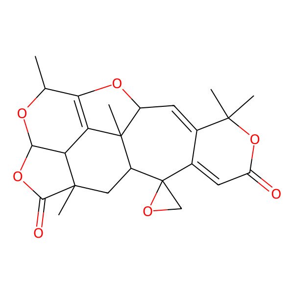 2D Structure of 7,7,13,18,21-Pentamethylspiro[6,11,14,16-tetraoxahexacyclo[16.3.1.03,8.010,21.012,20.015,19]docosa-3,8,12(20)-triene-2,2'-oxirane]-5,17-dione