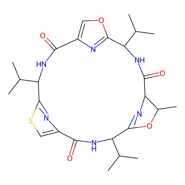 2D Structure of 7-Methyl-4,11,18-tri(propan-2-yl)-6,13-dioxa-20-thia-3,10,17,22,23,24-hexazatetracyclo[17.2.1.15,8.112,15]tetracosa-1(21),5(24),12(23),14,19(22)-pentaene-2,9,16-trione