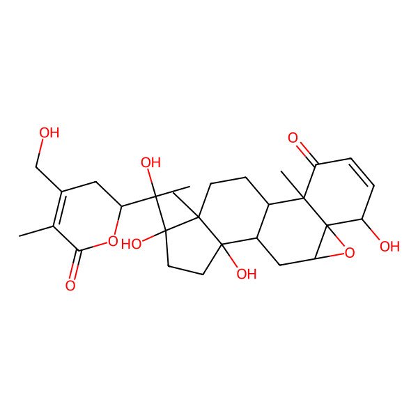 2D Structure of (1S,2R,6S,7R,9R,11R,12R,15S,16S)-6,12,15-trihydroxy-15-[(1S)-1-hydroxy-1-[(2R)-4-(hydroxymethyl)-5-methyl-6-oxo-2,3-dihydropyran-2-yl]ethyl]-2,16-dimethyl-8-oxapentacyclo[9.7.0.02,7.07,9.012,16]octadec-4-en-3-one