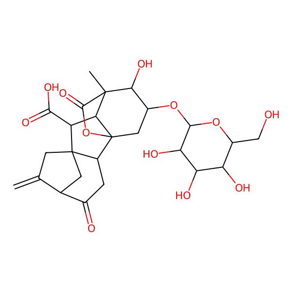 2D Structure of (1R,2R,5S,8S,9R,10S,11S,12R,13S)-12-hydroxy-11-methyl-6-methylidene-4,16-dioxo-13-[(2S,3R,4S,5S,6R)-3,4,5-trihydroxy-6-(hydroxymethyl)oxan-2-yl]oxy-15-oxapentacyclo[9.3.2.15,8.01,10.02,8]heptadecane-9-carboxylic acid