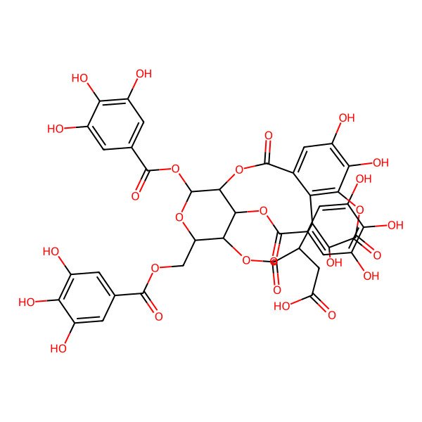 2D Structure of 2-[(4R,5S,7R,11S,12S,13S,21S)-13,17,18-trihydroxy-2,10,14-trioxo-5,21-bis[(3,4,5-trihydroxybenzoyl)oxy]-7-[(3,4,5-trihydroxybenzoyl)oxymethyl]-3,6,9,15-tetraoxatetracyclo[10.7.1.14,8.016,20]henicosa-1(19),16(20),17-trien-11-yl]acetic acid