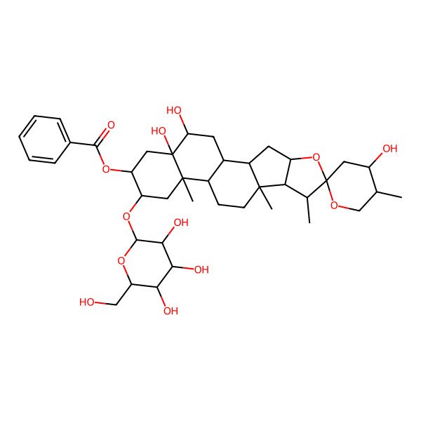 2D Structure of [4',18,19-Trihydroxy-5',7,9,13-tetramethyl-15-[3,4,5-trihydroxy-6-(hydroxymethyl)oxan-2-yl]oxyspiro[5-oxapentacyclo[10.8.0.02,9.04,8.013,18]icosane-6,2'-oxane]-16-yl] benzoate