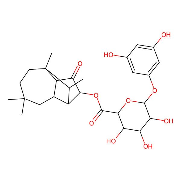 2D Structure of (4,4,7,8-Tetramethyl-11-oxo-10-tricyclo[5.4.0.02,9]undecanyl) 6-(3,5-dihydroxyphenoxy)-3,4,5-trihydroxyoxane-2-carboxylate