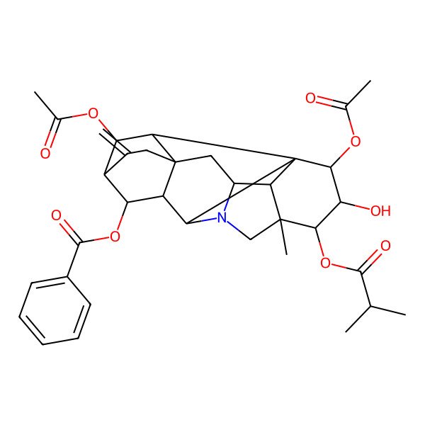 2D Structure of [(1R,2S,3S,4S,5S,8R,9S,11R,14R,16S,17R,18R,19S)-2,19-diacetyloxy-3-hydroxy-5-methyl-12-methylidene-4-(2-methylpropanoyloxy)-7-azaheptacyclo[9.6.2.01,8.05,17.07,16.09,14.014,18]nonadecan-10-yl] benzoate