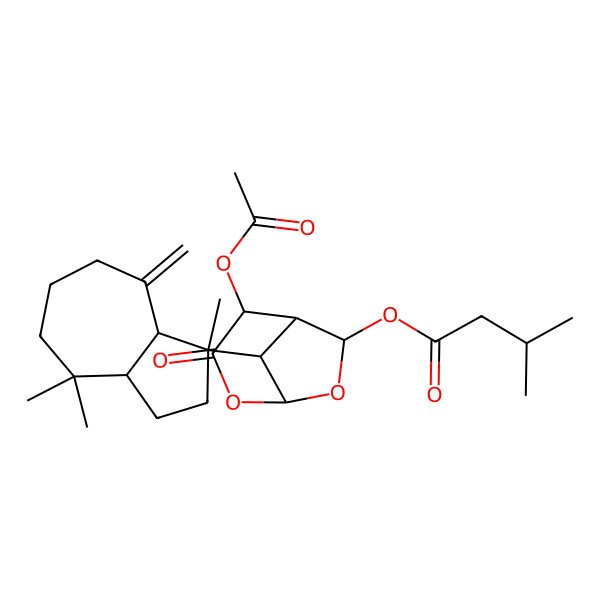 2D Structure of [4-acetyloxy-3-oxo-8-(1,4,4-trimethyl-8-methylidene-3,3a,5,6,7,8a-hexahydro-2H-azulen-1-yl)-2,7-dioxabicyclo[3.2.1]octan-6-yl] 3-methylbutanoate