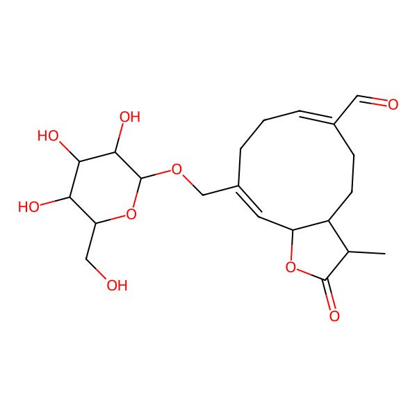 2D Structure of (3S,3aS,6E,10E,11aR)-3-methyl-2-oxo-10-[[(2R,3S,4S,5S,6R)-3,4,5-trihydroxy-6-(hydroxymethyl)oxan-2-yl]oxymethyl]-3a,4,5,8,9,11a-hexahydro-3H-cyclodeca[b]furan-6-carbaldehyde