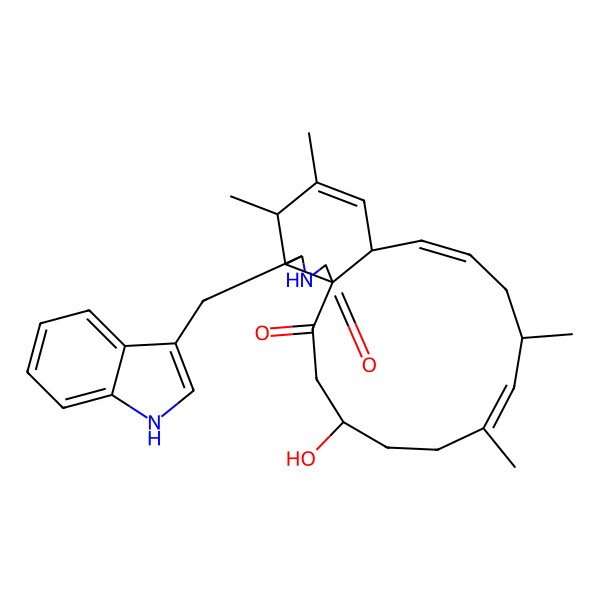 2D Structure of 4-hydroxy-18-(1H-indol-3-ylmethyl)-7,9,15,16-tetramethyl-19-azatricyclo[11.7.0.01,17]icosa-7,11,14-triene-2,20-dione