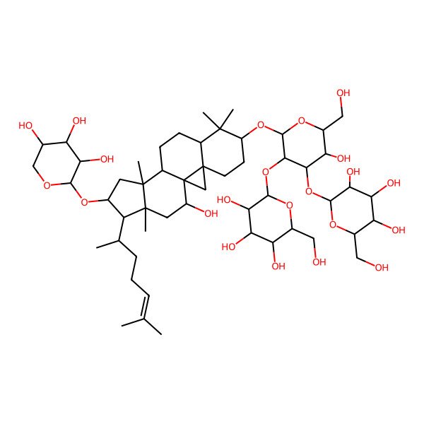 2D Structure of (2S,3R,4S,5S,6R)-2-[(2R,3R,4S,5R,6R)-3-hydroxy-2-(hydroxymethyl)-6-[[(1R,3R,6S,8S,11R,12S,14S,15R,16R,18R)-18-hydroxy-7,7,12,16-tetramethyl-15-[(2R)-6-methylhept-5-en-2-yl]-14-[(2S,3R,4S,5S)-3,4,5-trihydroxyoxan-2-yl]oxy-6-pentacyclo[9.7.0.01,3.03,8.012,16]octadecanyl]oxy]-5-[(2S,3R,4S,5S,6R)-3,4,5-trihydroxy-6-(hydroxymethyl)oxan-2-yl]oxyoxan-4-yl]oxy-6-(hydroxymethyl)oxane-3,4,5-triol