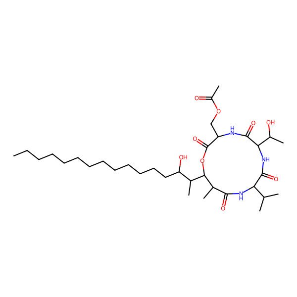 2D Structure of [6-(1-Hydroxyethyl)-13-(3-hydroxyhexadecan-2-yl)-12-methyl-2,5,8,11-tetraoxo-9-propan-2-yl-1-oxa-4,7,10-triazacyclotridec-3-yl]methyl acetate