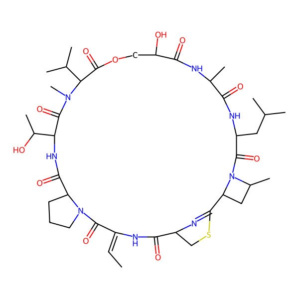 2D Structure of (2S,4R,7R,10S,13S,17S,20S,23S,29E,32R)-29-ethylidene-13-hydroxy-20-[(1S)-1-hydroxyethyl]-4,10,18-trimethyl-7-(2-methylpropyl)-17-propan-2-yl-15-oxa-34-thia-5,8,11,18,21,27,30,35-octazatetracyclo[30.2.1.02,5.023,27]pentatriacont-1(35)-ene-6,9,12,16,19,22,28,31-octone