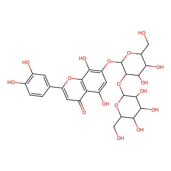 2D Structure of 7-[(2S,3R,4S,5S,6R)-4,5-dihydroxy-6-(hydroxymethyl)-3-[(2R,3R,4R,5S,6R)-3,4,5-trihydroxy-6-(hydroxymethyl)oxan-2-yl]oxyoxan-2-yl]oxy-2-(3,4-dihydroxyphenyl)-5,8-dihydroxychromen-4-one