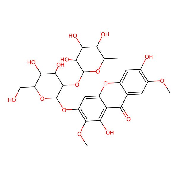 2D Structure of 3-[(2S,3R,4S,5S,6R)-4,5-dihydroxy-6-(hydroxymethyl)-3-[(2S,3S,4S,5S,6R)-3,4,5-trihydroxy-6-methyloxan-2-yl]oxyoxan-2-yl]oxy-1,6-dihydroxy-2,7-dimethoxyxanthen-9-one