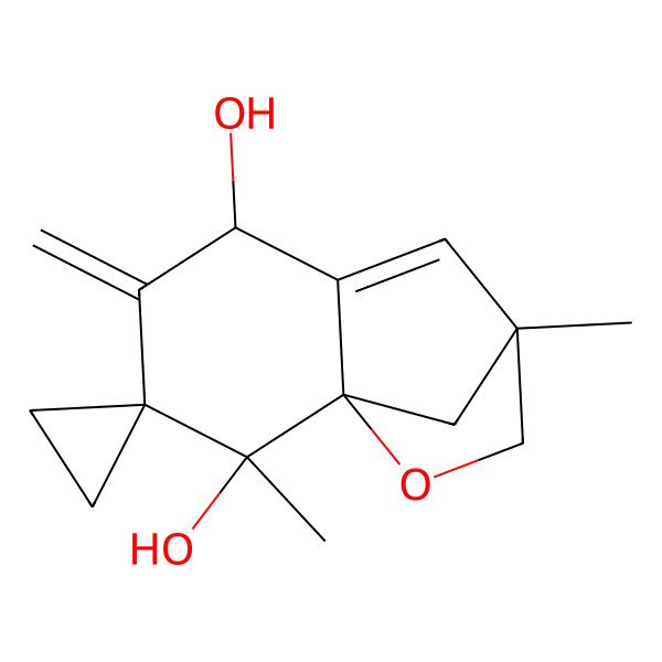 2D Structure of (1R,2S,5R,8S)-2,8-dimethyl-4-methylidenespiro[10-oxatricyclo[6.2.1.01,6]undec-6-ene-3,1'-cyclopropane]-2,5-diol