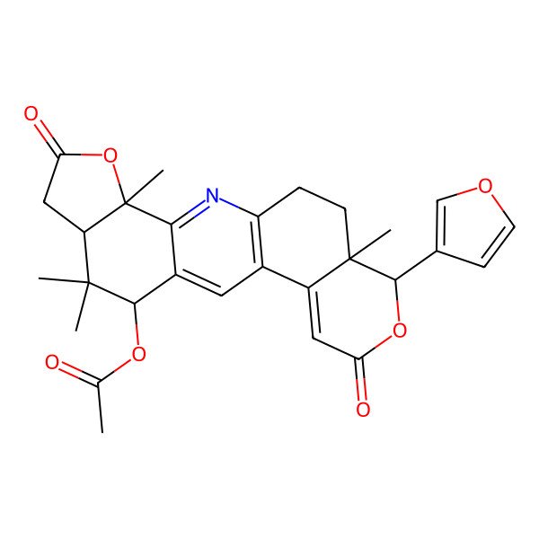 2D Structure of [18-(Furan-3-yl)-4,9,9,19-tetramethyl-6,16-dioxo-5,17-dioxa-2-azapentacyclo[11.8.0.03,11.04,8.014,19]henicosa-1(13),2,11,14-tetraen-10-yl] acetate