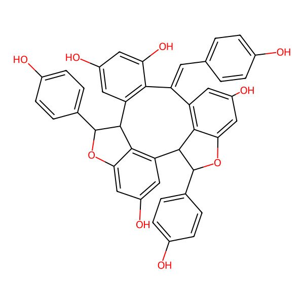 2D Structure of (2R,3R,10Z,17S,18S)-3,18-bis(4-hydroxyphenyl)-10-[(4-hydroxyphenyl)methylidene]-4,19-dioxahexacyclo[15.6.1.12,5.011,16.020,24.09,25]pentacosa-1(24),5,7,9(25),11(16),12,14,20,22-nonaene-7,12,14,22-tetrol