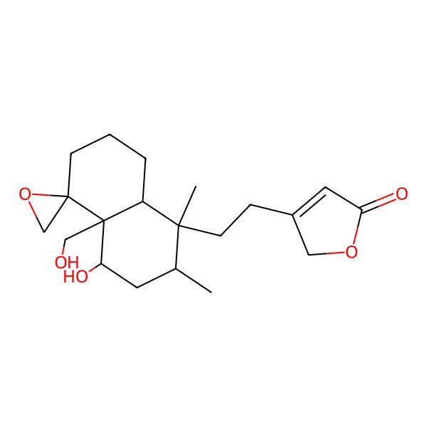 2D Structure of 3-[2-[4-hydroxy-4a-(hydroxymethyl)-1,2-dimethylspiro[3,4,6,7,8,8a-hexahydro-2H-naphthalene-5,2'-oxirane]-1-yl]ethyl]-2H-furan-5-one