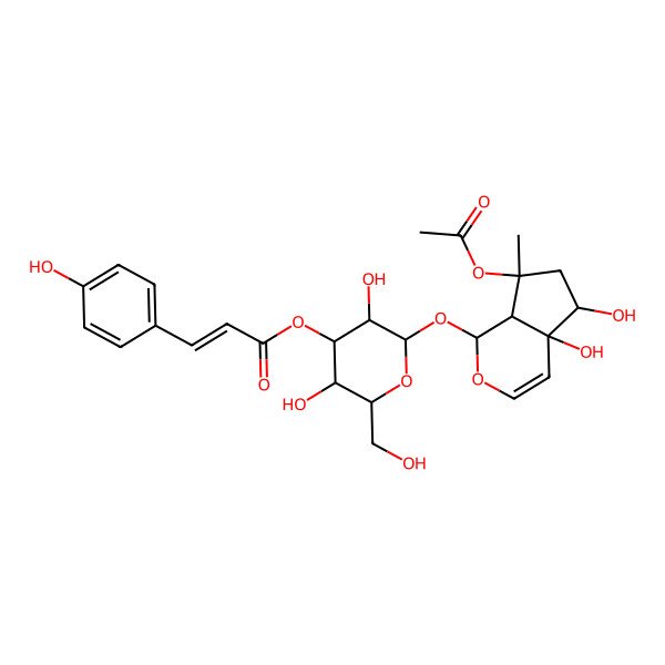 2D Structure of [(2S,3R,4S,5R,6R)-2-[[(1S,4aS,5R,7S,7aS)-7-acetyloxy-4a,5-dihydroxy-7-methyl-1,5,6,7a-tetrahydrocyclopenta[c]pyran-1-yl]oxy]-3,5-dihydroxy-6-(hydroxymethyl)oxan-4-yl] (Z)-3-(4-hydroxyphenyl)prop-2-enoate
