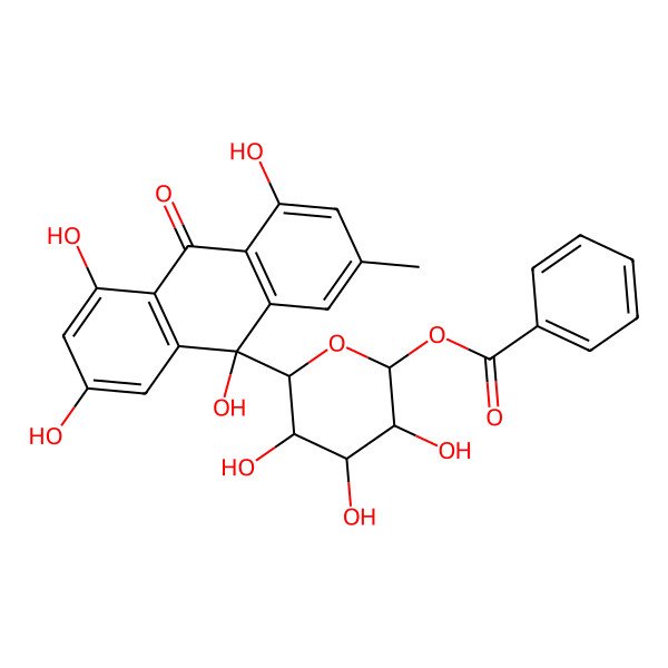 2D Structure of [(2S,3R,4R,5R,6R)-3,4,5-trihydroxy-6-[(9S)-2,4,5,9-tetrahydroxy-7-methyl-10-oxoanthracen-9-yl]oxan-2-yl] benzoate