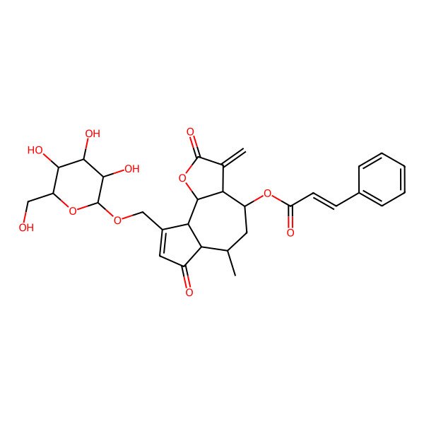 2D Structure of [6-methyl-3-methylidene-2,7-dioxo-9-[[3,4,5-trihydroxy-6-(hydroxymethyl)oxan-2-yl]oxymethyl]-4,5,6,6a,9a,9b-hexahydro-3aH-azuleno[4,5-b]furan-4-yl] 3-phenylprop-2-enoate