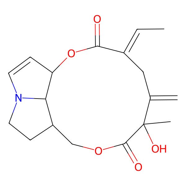 2D Structure of 4-Ethylidene-7-hydroxy-7-methyl-6-methylidene-2,9-dioxa-14-azatricyclo[9.5.1.014,17]heptadec-15-ene-3,8-dione