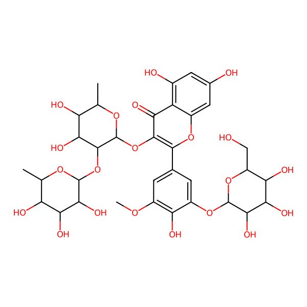 2D Structure of 3-[(2S,3R,4R,5R,6S)-4,5-dihydroxy-6-methyl-3-[(2S,3R,4R,5R,6S)-3,4,5-trihydroxy-6-methyloxan-2-yl]oxyoxan-2-yl]oxy-5,7-dihydroxy-2-[4-hydroxy-3-methoxy-5-[(2S,3R,4S,5R,6R)-3,4,5-trihydroxy-6-(hydroxymethyl)oxan-2-yl]oxyphenyl]chromen-4-one