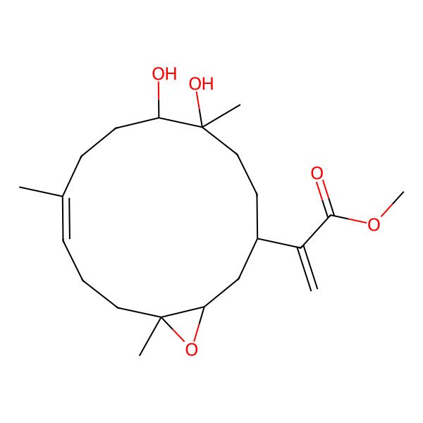 2D Structure of methyl 2-[(1S,3R,6S,7R,10E,14S)-6,7-dihydroxy-6,10,14-trimethyl-15-oxabicyclo[12.1.0]pentadec-10-en-3-yl]prop-2-enoate