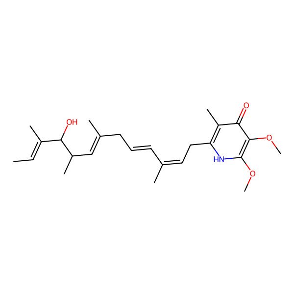 2D Structure of 2-[(9S,10R)-10-hydroxy-3,7,9,11-tetramethyltrideca-2,4,7,11-tetraenyl]-5,6-dimethoxy-3-methyl-1H-pyridin-4-one