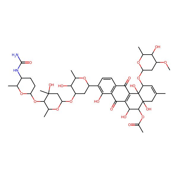 2D Structure of [9-[4-[5-[5-(Carbamoylamino)-6-methyloxan-2-yl]oxy-4-hydroxy-4,6-dimethyloxan-2-yl]oxy-5-hydroxy-6-methyloxan-2-yl]-4a,6,8,12b-tetrahydroxy-1-(5-hydroxy-4-methoxy-6-methyloxan-2-yl)oxy-3-methyl-7,12-dioxo-1,4,5,6-tetrahydrobenzo[a]anthracen-5-yl] acetate