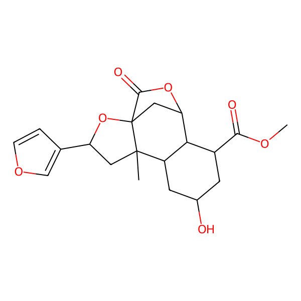 2D Structure of methyl (5S,8R,10R,11S)-3-(furan-3-yl)-8-hydroxy-5-methyl-14-oxo-2,13-dioxatetracyclo[10.2.1.01,5.06,11]pentadecane-10-carboxylate