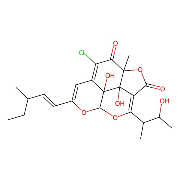 2D Structure of (4R,11S,14S,15R)-9-chloro-14,15-dihydroxy-2-[(2R,3S)-3-hydroxybutan-2-yl]-11-methyl-6-[(E,3S)-3-methylpent-1-enyl]-3,5,12-trioxatetracyclo[6.5.2.04,15.011,14]pentadeca-1,6,8-triene-10,13-dione
