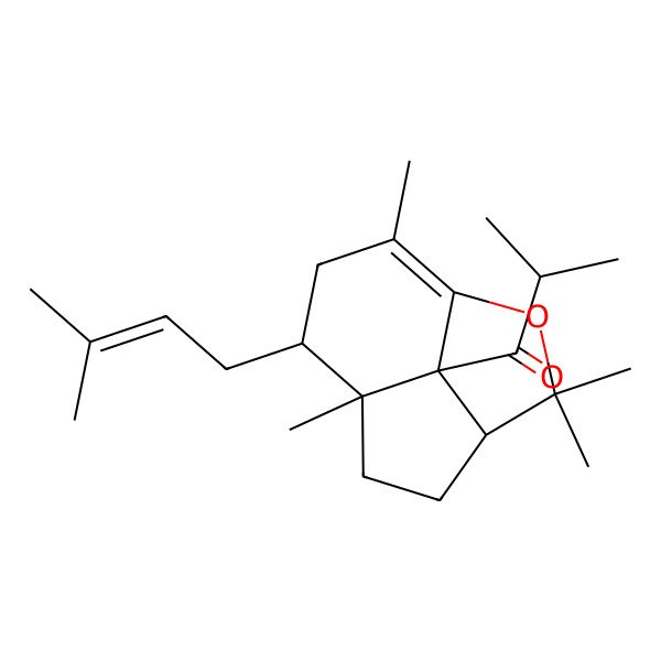 2D Structure of 2-Methyl-1-[3,3,7,10-tetramethyl-8-(3-methylbut-2-enyl)-2-oxatricyclo[5.3.1.04,11]undec-1(10)-en-11-yl]propan-1-one