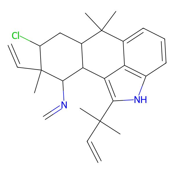 2D Structure of N-[5-chloro-4-ethenyl-4,8,8-trimethyl-15-(2-methylbut-3-en-2-yl)-14-azatetracyclo[7.6.1.02,7.013,16]hexadeca-1(15),9(16),10,12-tetraen-3-yl]methanimine