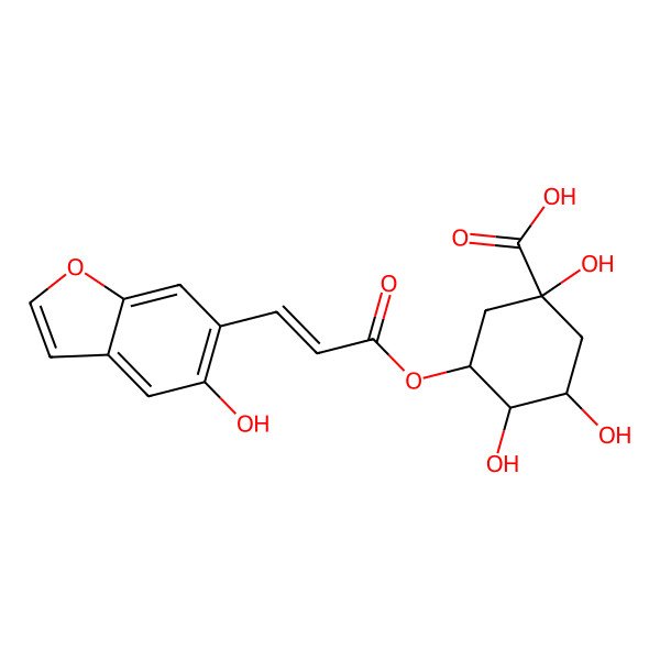 2D Structure of (1S,3R,4R,5R)-1,3,4-trihydroxy-5-[3-(5-hydroxy-1-benzofuran-6-yl)prop-2-enoyloxy]cyclohexane-1-carboxylic acid